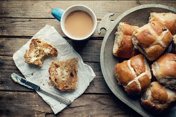 Basket of hot cross buns.