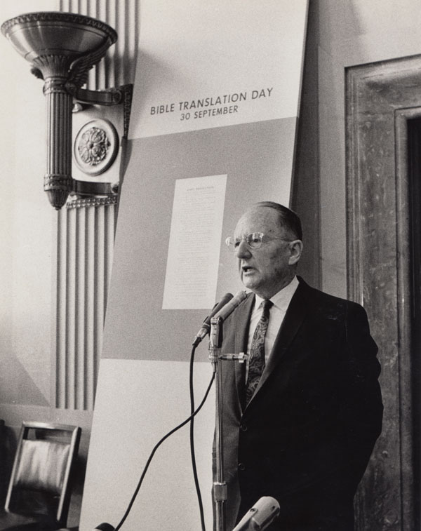 Cameron Townsend speaking at the first official Bible Translation Day
