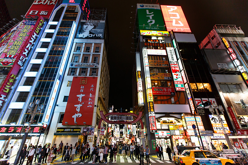 Asian city street with buildings