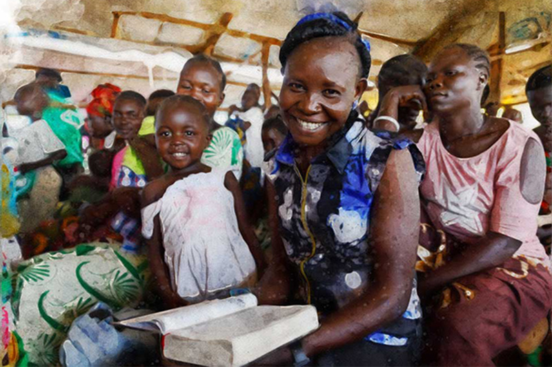 class= Smiling African church congregation with Bible