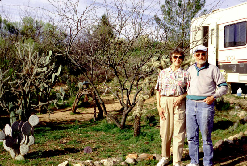 Clarence and Betty Schipper standing near their motorhome title=