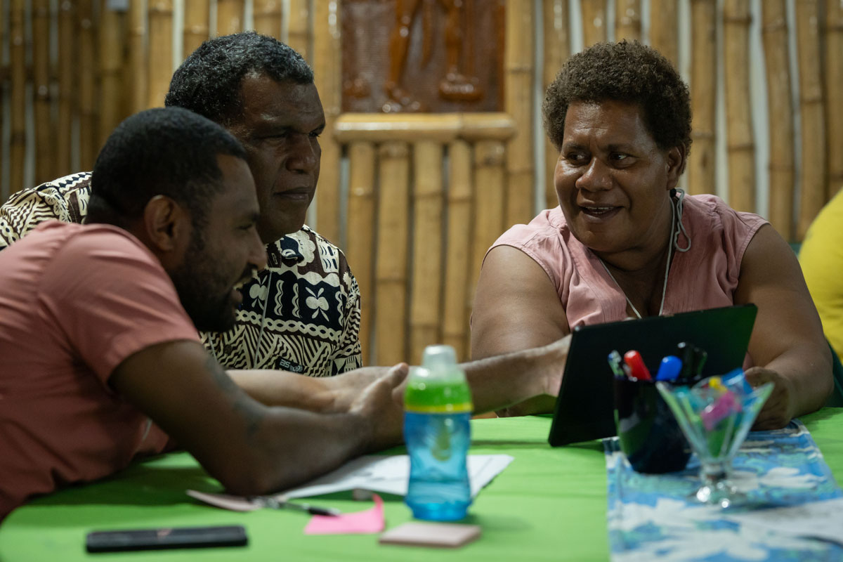 Church leaders using the Audio Visual Translation Tool at the CCBT workshop in the Solomon Islands
