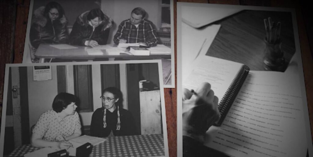 Black and white photos of the Yupik team translating Scripture.