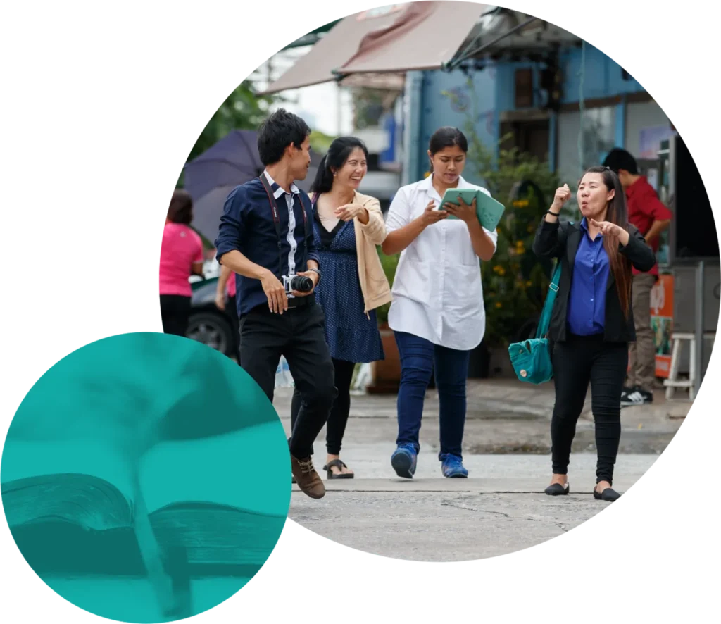 Team of sign language translators walking in Asia